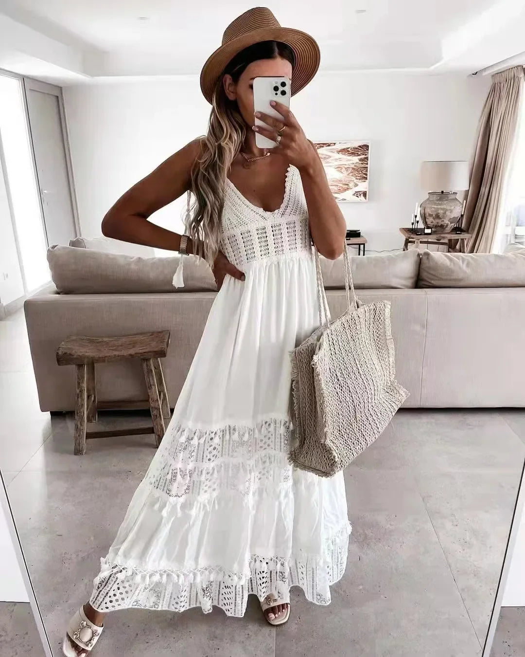 Boho style girl dress white cotton lace sleeveless long summer