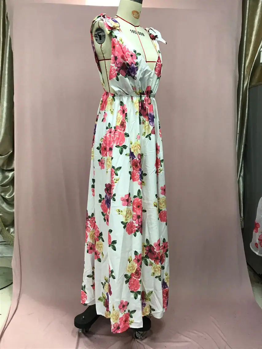 Rückenfreies Blumenkleid - Ärmelloses Maxikleid mit hoher Taille