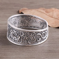 Handcrafted s999 sterling silver rose filigree bangle wide bracelet unique artisan design
