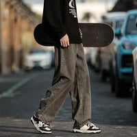 Flower baggy jeans streetwear casual denim wide-leg straight trousers