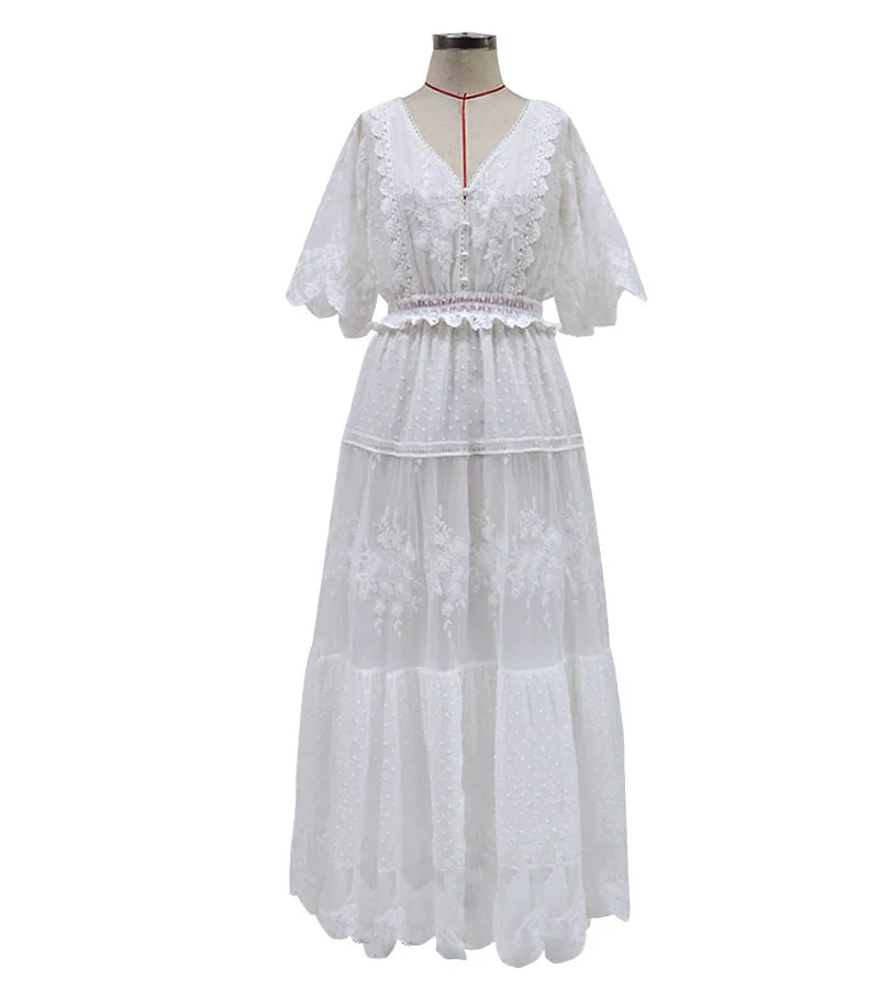 Boho style girl dress white cotton lace sleeveless long summer