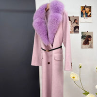 women's luxury wool coat  long patchwork design with detachable fox fur