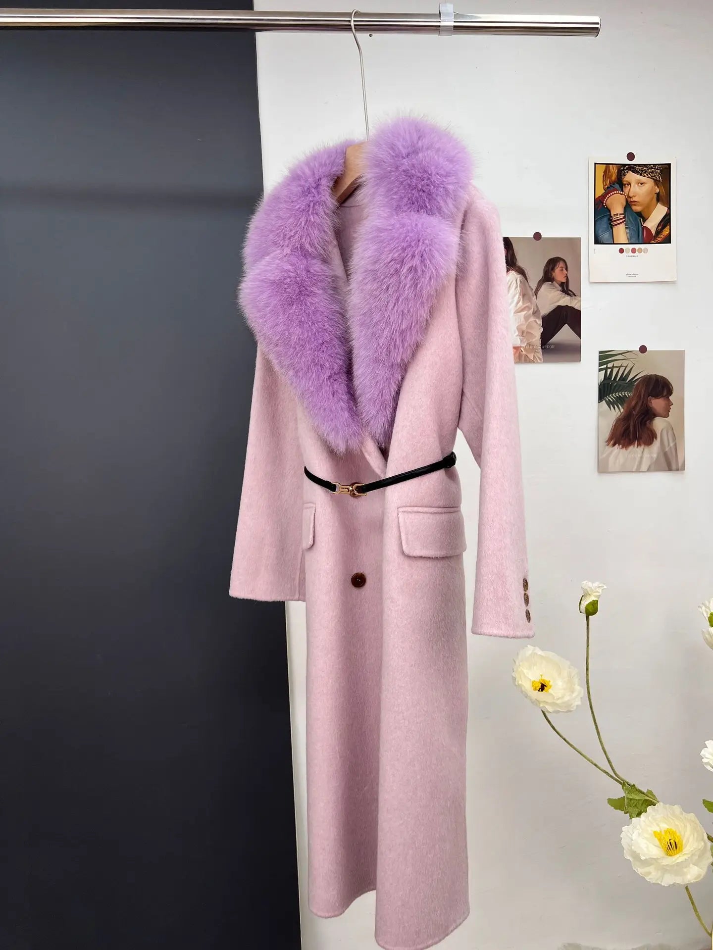 women's luxury wool coat  long patchwork design with detachable fox fur