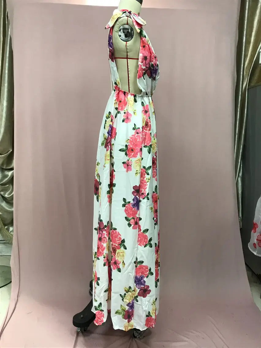 Rückenfreies Blumenkleid - Ärmelloses Maxikleid mit hoher Taille