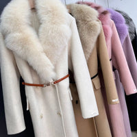 women's luxury wool coat  long patchwork design with detachable fox fur