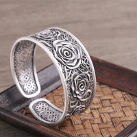 Handcrafted s999 sterling silver rose filigree bangle wide bracelet unique artisan design