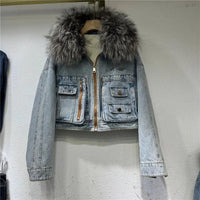 Real Fox fur thick warm denim parkas female winter coat
