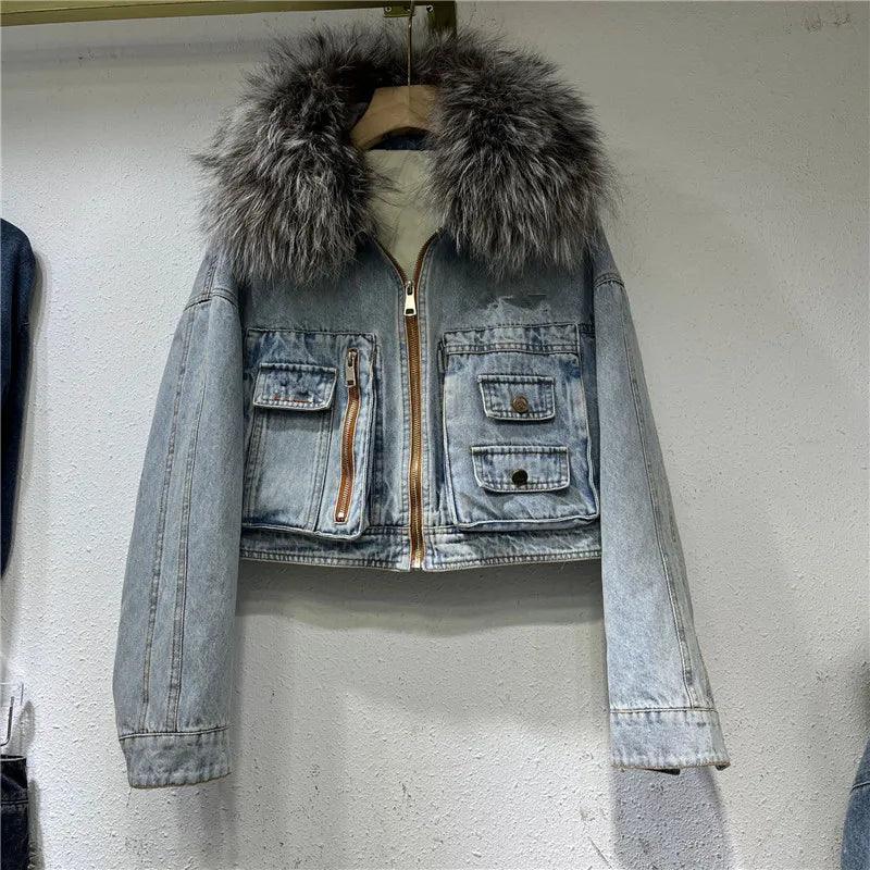 Real Fox fur thick warm denim parkas female winter coat