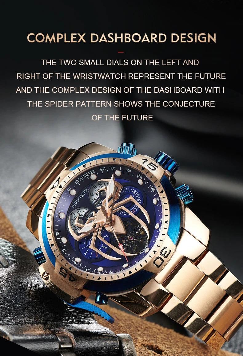 REEF TIGER Sport Automatikuhr – Skelett-Design mit Spider-Zifferblatt
