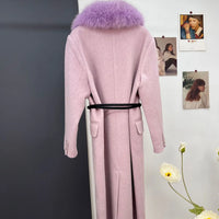 women's luxury wool coat  long patchwork design with detachable fox fur