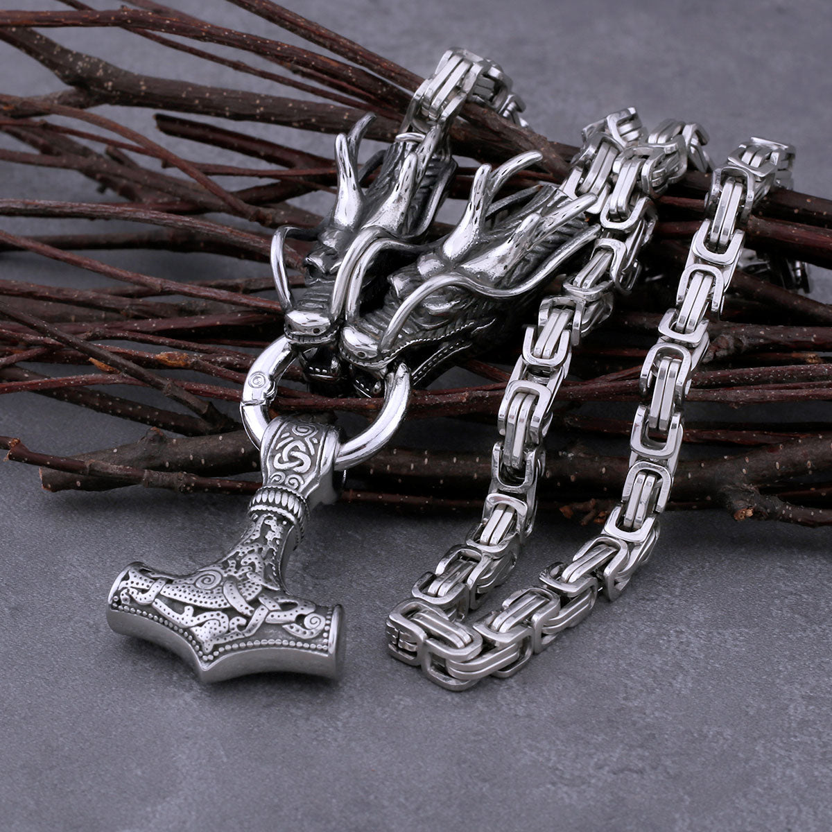 Vintage viking pendant  thor hammer amulet necklace steel dragon design