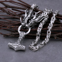 Vintage viking pendant  thor hammer amulet necklace steel dragon design