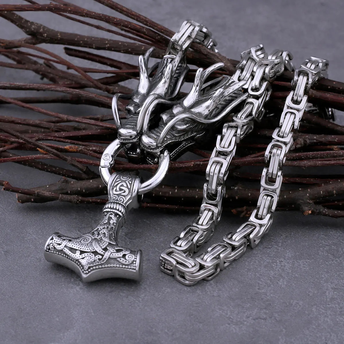 Vintage viking pendant  thor hammer amulet necklace steel dragon design