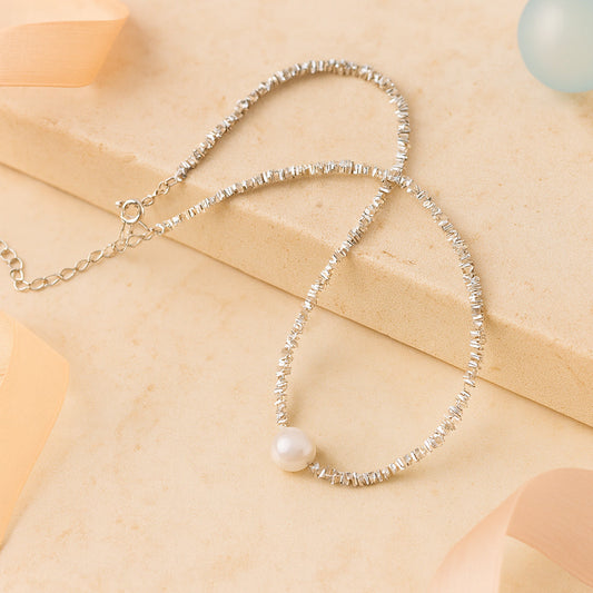 Kette mit Anhänger aus 925er Sterling-Silber, Strukturkette mit Perle