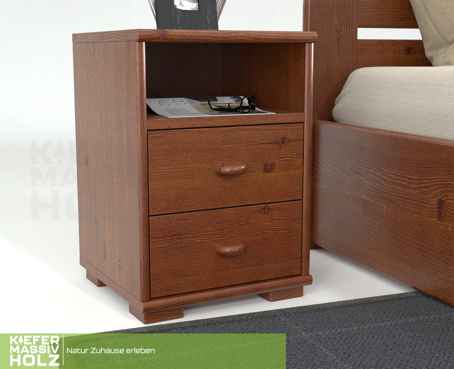 Vanessa Kiefer Massivholz Nachttisch Nachtschrank | 2-Schubladen 1-Regal | 100% Bio Kiefer