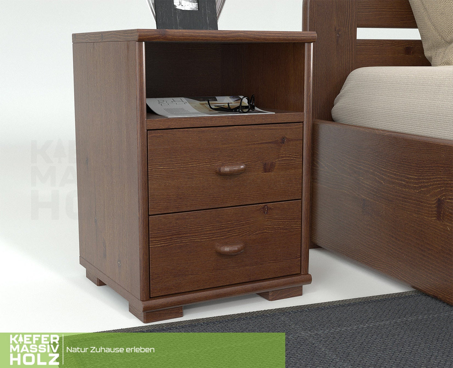 Vanessa Kiefer Massivholz Nachttisch Nachtschrank | 2-Schubladen 1-Regal | 100% Bio Kiefer