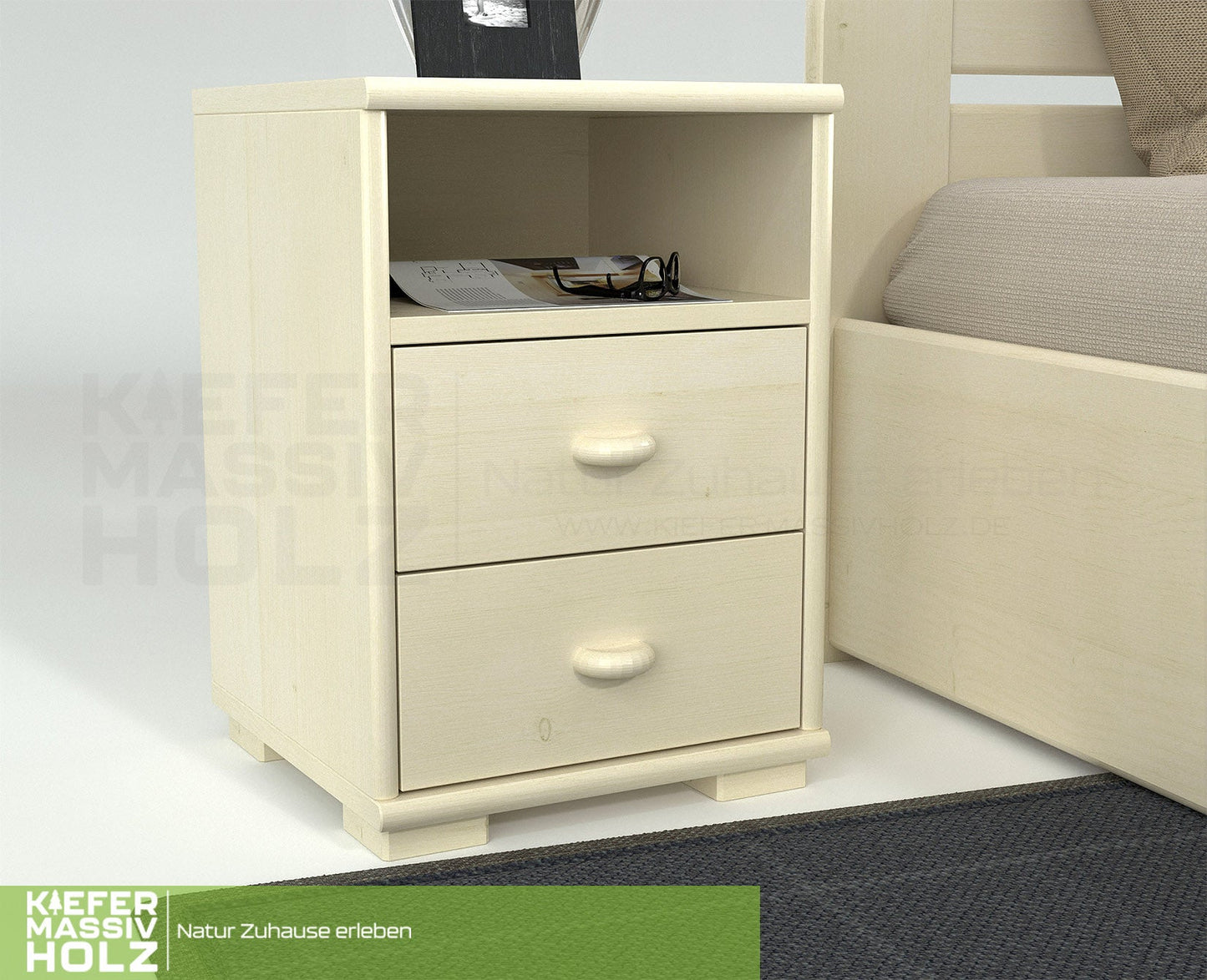 Vanessa Kiefer Massivholz Nachttisch Nachtschrank | 2-Schubladen 1-Regal | 100% Bio Kiefer