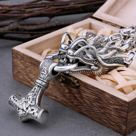 Vintage viking pendant  thor hammer amulet necklace steel dragon design