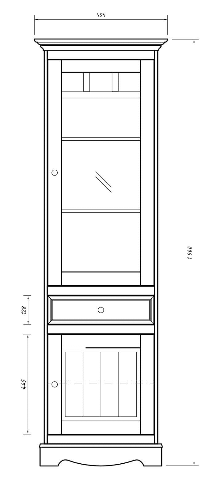 Bologna Elegante Massivholz Kiefer Vitrine 1-Türig | Farbe Graphit - Eiche