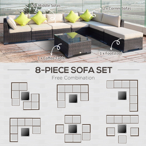 Outsunny Polyrattan Lounge Set 8-teilig - Ecksofa mit Tisch und Kissen für Garten & Terrasse