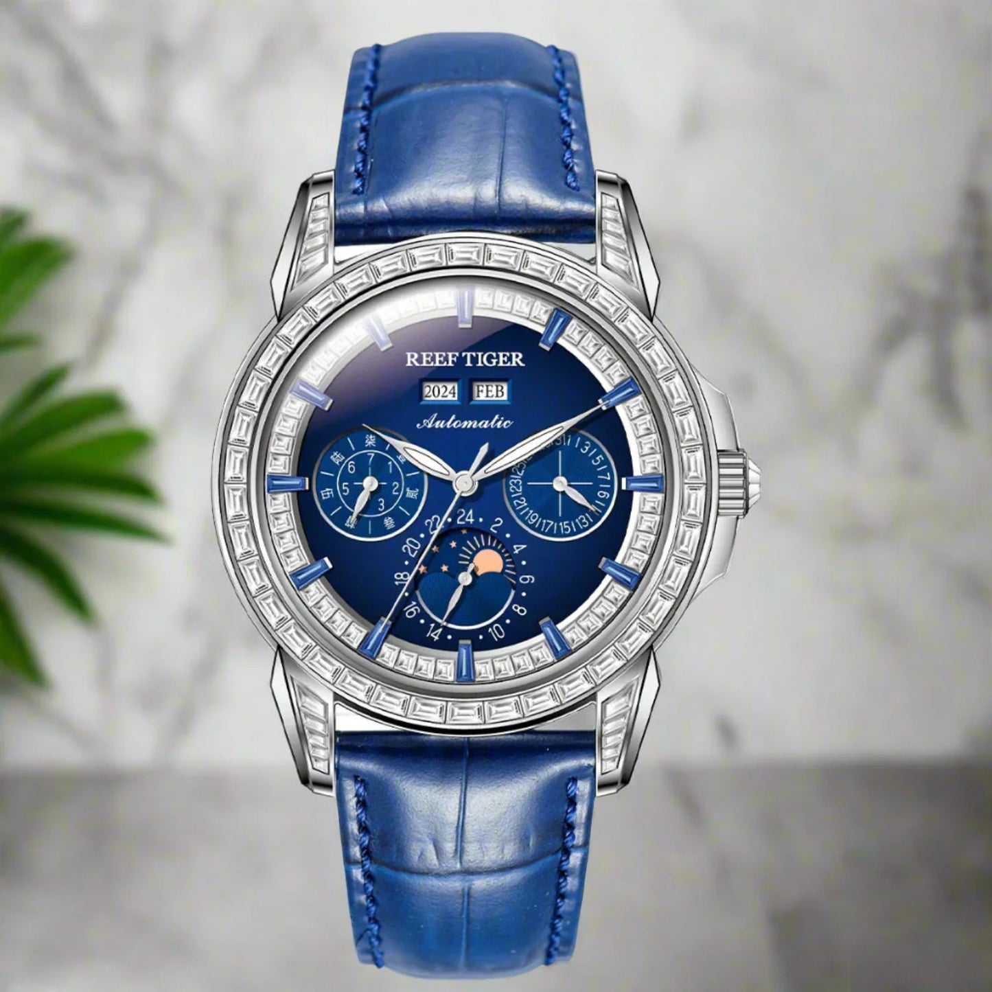 Automatic moonphase  watch by reef tiger diamonds bezel blue dial