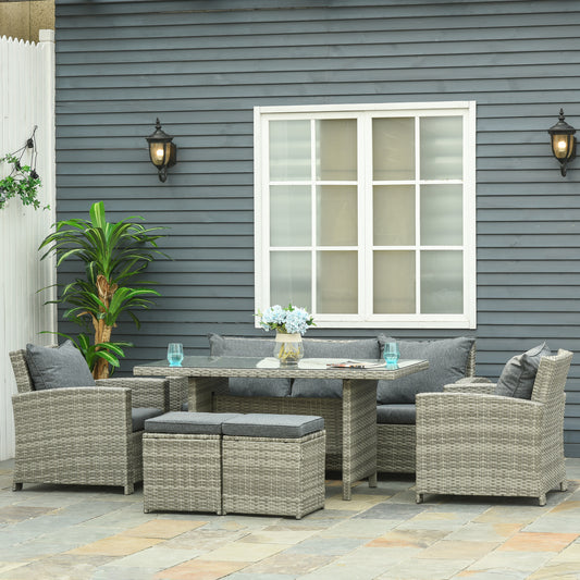 Polyrattan Gartenmöbel Set 6-teilig Hellgrau - 3-Sitzer Sofa, 2 Sessel, 2 Hocker, Glastisch