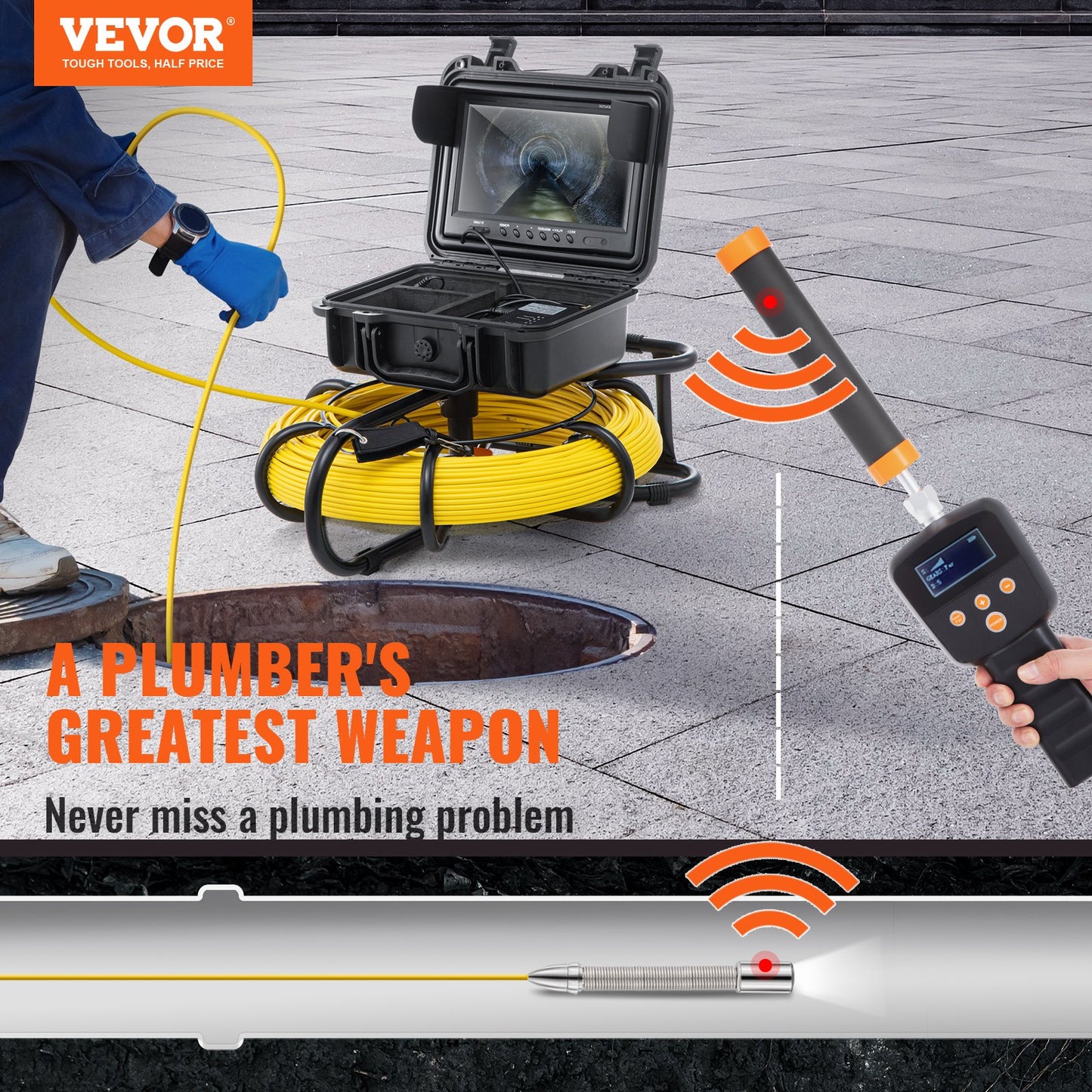 Sewer Camera Pipe Inspection Camera  512hz Sonde 9in 720p Screen 300 Ft