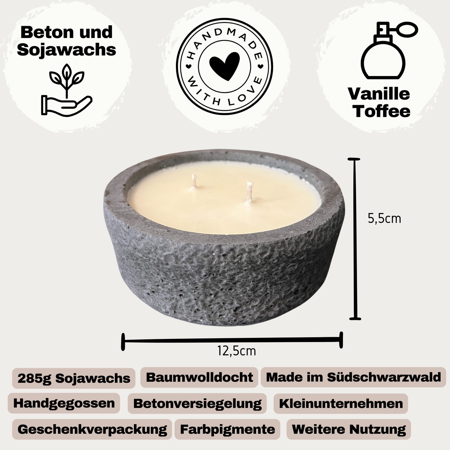 Beton-Kerzen Set "Natural Duo" (Schwarz & Grau) – Mit Deckeln