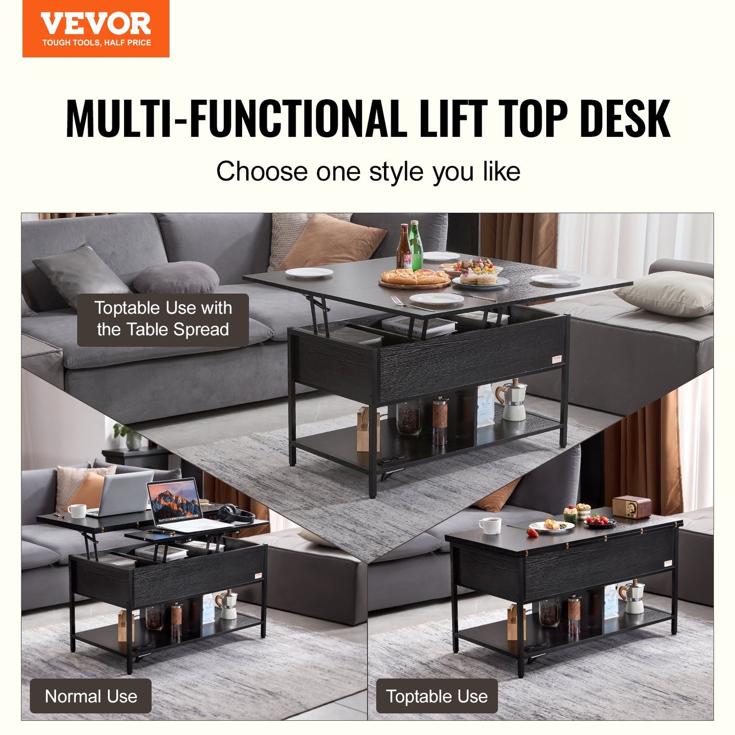 Couchtisch mit Lift-Funktion 100 cm – Stauraum, USB & LED-Beleuchtung