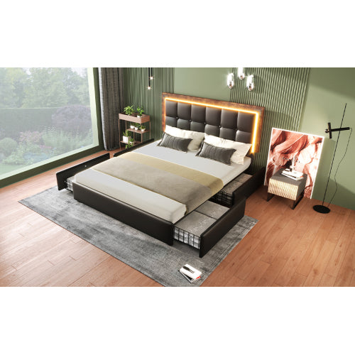 Polsterbett mit LED-Beleuchtung und 4 Schubladen – Modernes Design trifft auf smarte Funktionalität