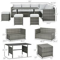 Wicker Outdoor Patio Furniture Set, L-Shaped 7 Piece Outdoor Dining Sectional Sofa with Dining Table and Chair, Storage Loveseat, Ottomans and Cushions, Mixed Gray