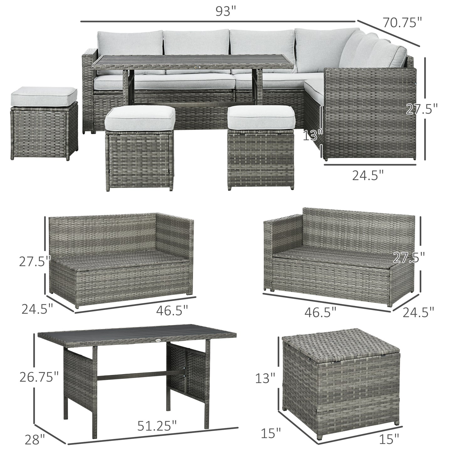 Wicker Outdoor Patio Furniture Set, L-Shaped 7 Piece Outdoor Dining Sectional Sofa with Dining Table and Chair, Storage Loveseat, Ottomans and Cushions, Mixed Gray