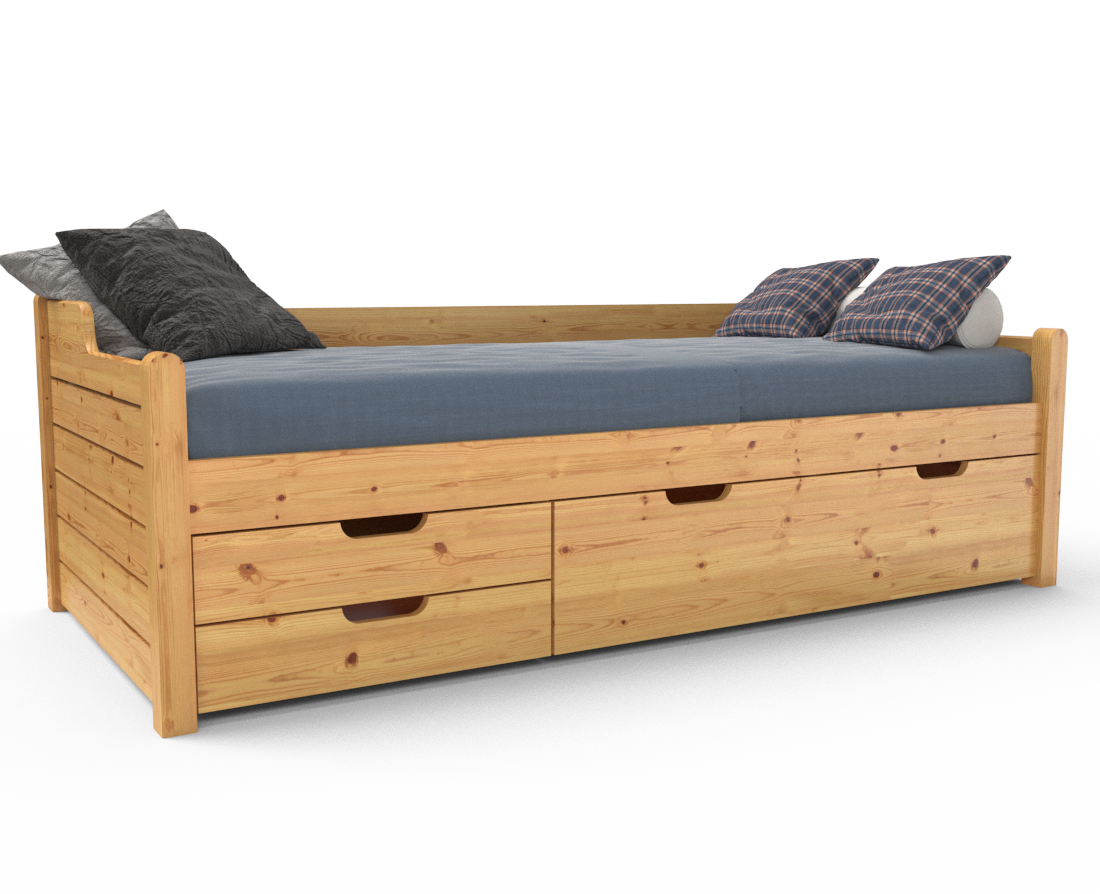 Einzelbett 90x200cm | 3-Schubladen | 100% Bio-Kiefer Massivholz Gästebett