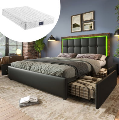 Polsterbett mit LED-Beleuchtung und 4 Schubladen – Modernes Design trifft auf smarte Funktionalität