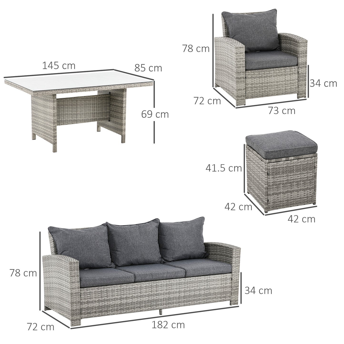 Polyrattan Gartenmöbel Set 6-teilig Hellgrau - 3-Sitzer Sofa, 2 Sessel, 2 Hocker, Glastisch