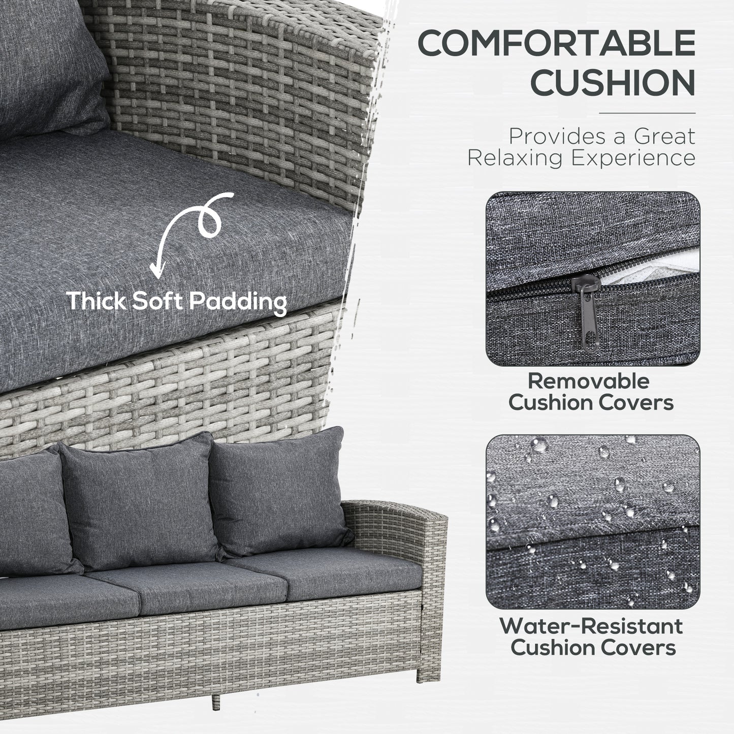 Polyrattan Gartenmöbel Set 6-teilig Hellgrau - 3-Sitzer Sofa, 2 Sessel, 2 Hocker, Glastisch