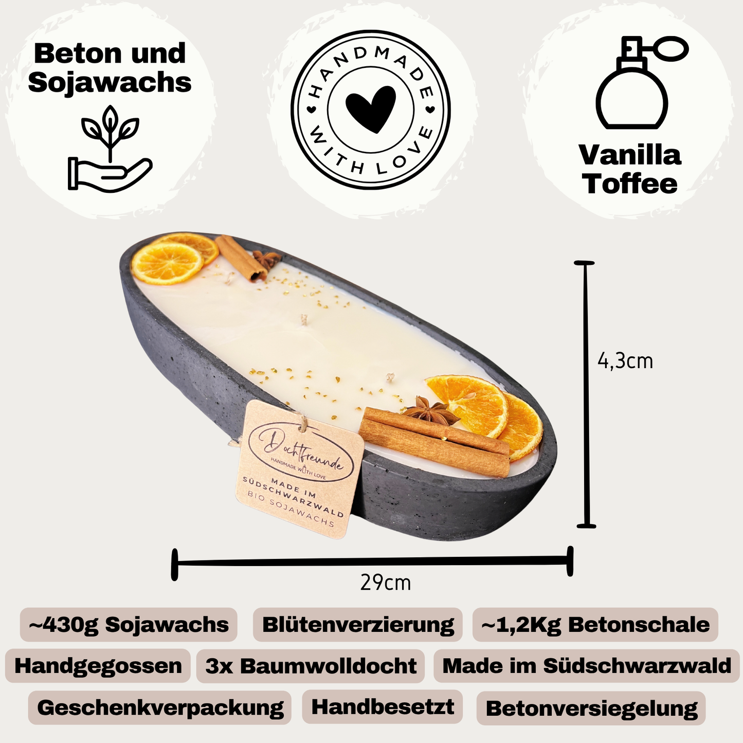 DochtFreunde "Black-Ship" | Handgemachte Betonkerze Schwarz | Vanilla Toffee